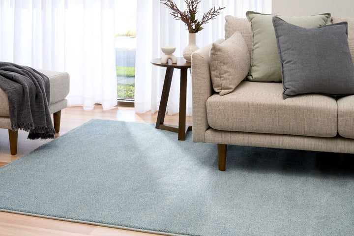 Light blue rug placed in a modern living room with a beige sofa and cushions.