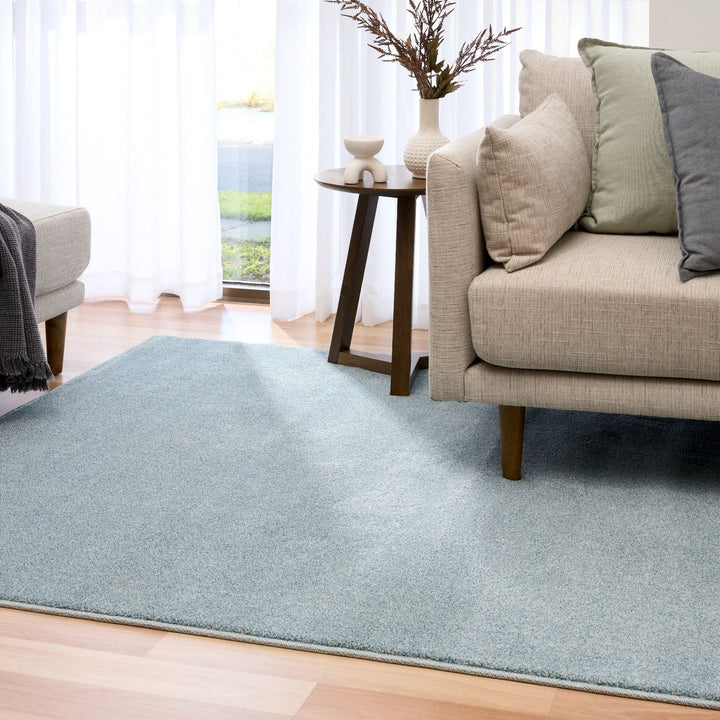 Light blue rug placed in a modern living room with a beige sofa and cushions.