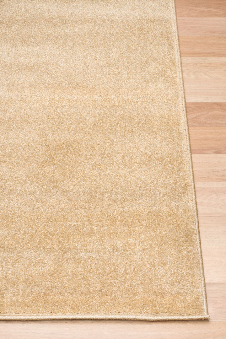 Close-up of beige rug edge showing fabric detail.