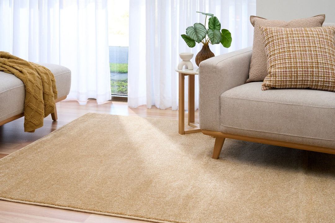 Beige rug styled in a living room with light sofa and patterned pillow.