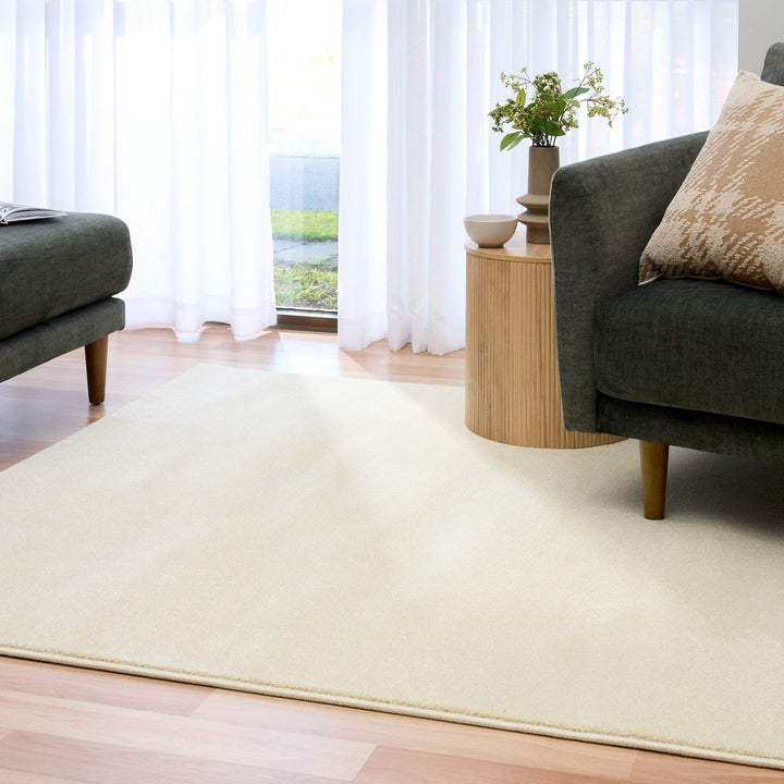 Square view of a cream rug in a modern living room setting.