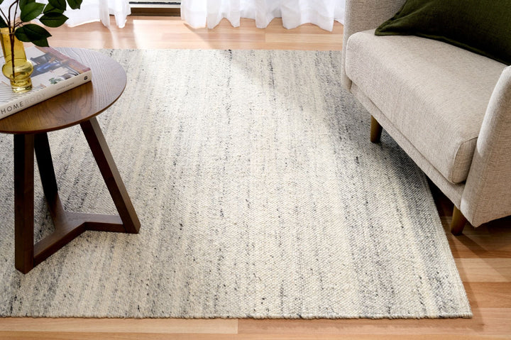 Silver rug styled in a modern living room with sofa and coffee table.