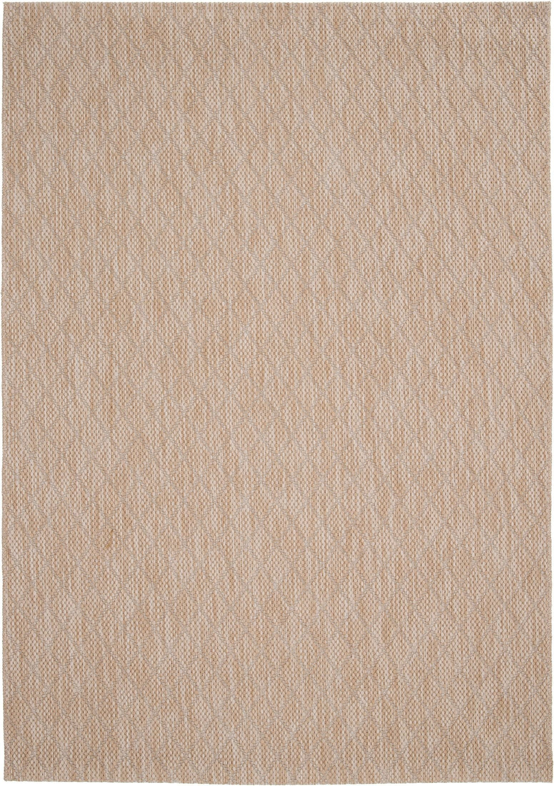 Top-down view of beige woven rug with subtle diamond lattice pattern on white background.