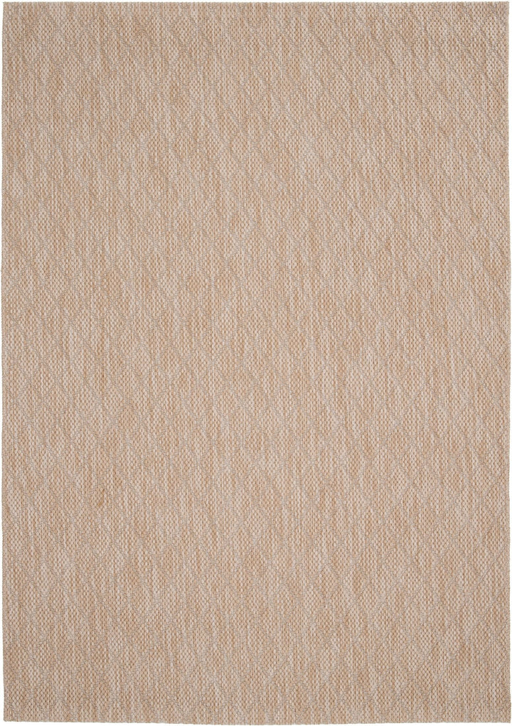 Top-down view of beige woven rug with subtle diamond lattice pattern on white background.