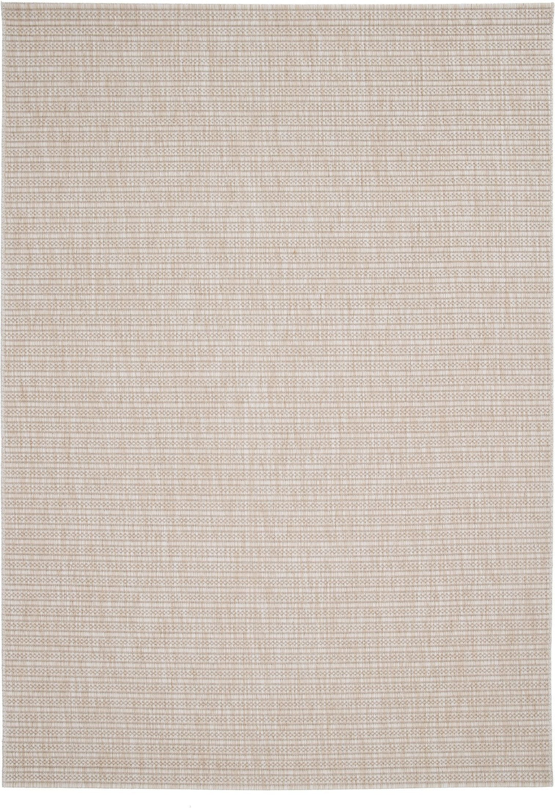Full top-down view of a beige woven rug with a subtle diamond lattice pattern on a white background.