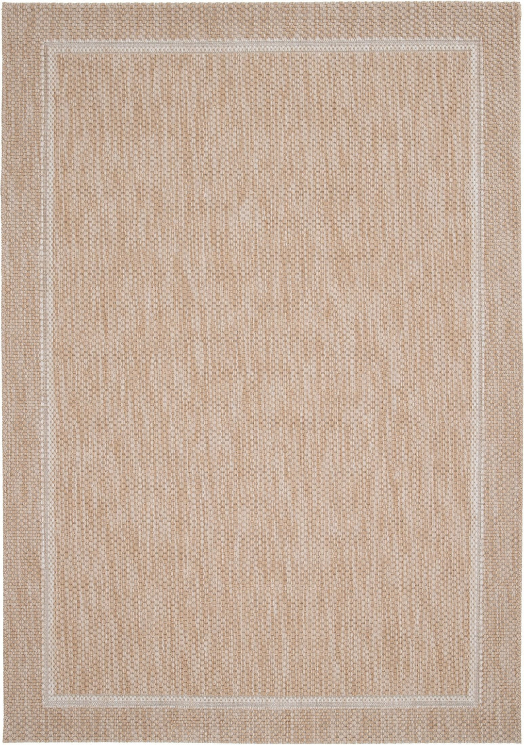 Top-down product photo of a rectangular beige woven rug with a subtle heathered texture and double border frame on a white background.