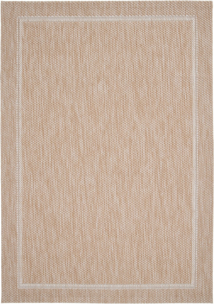 Top-down product photo of a rectangular beige woven rug with a subtle heathered texture and double border frame on a white background.
