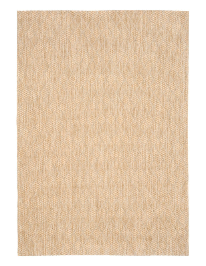 Full top-down view of a beige woven rug with a subtle diamond lattice pattern on a white background.