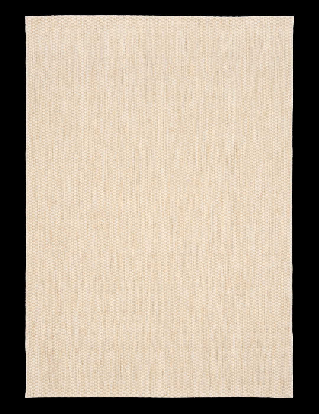 Full view of a light ivory/cream flat-woven area rug with a subtle basketweave texture, squared corners, and no border, shown on a black backdrop.