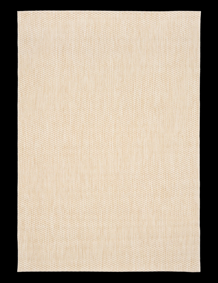 Full view of a light ivory/cream flat-woven area rug with a subtle basketweave texture, squared corners, and no border, shown on a black backdrop.