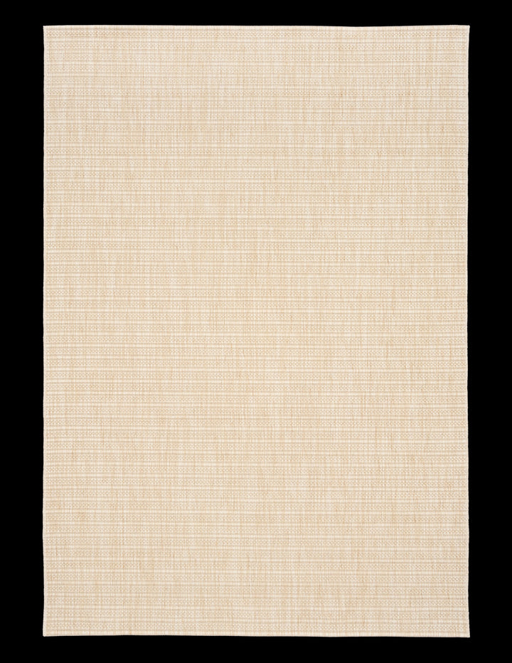 Top-down view of beige woven rug with subtle diamond lattice on white background.
