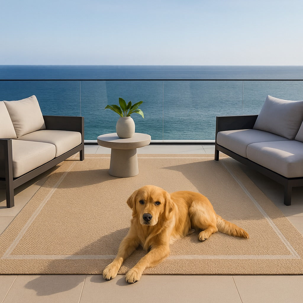 Golden retriever lying on a beige outdoor rug between modern patio sofas and a round table with a plant, on a glass-railed terrace overlooking the ocean.