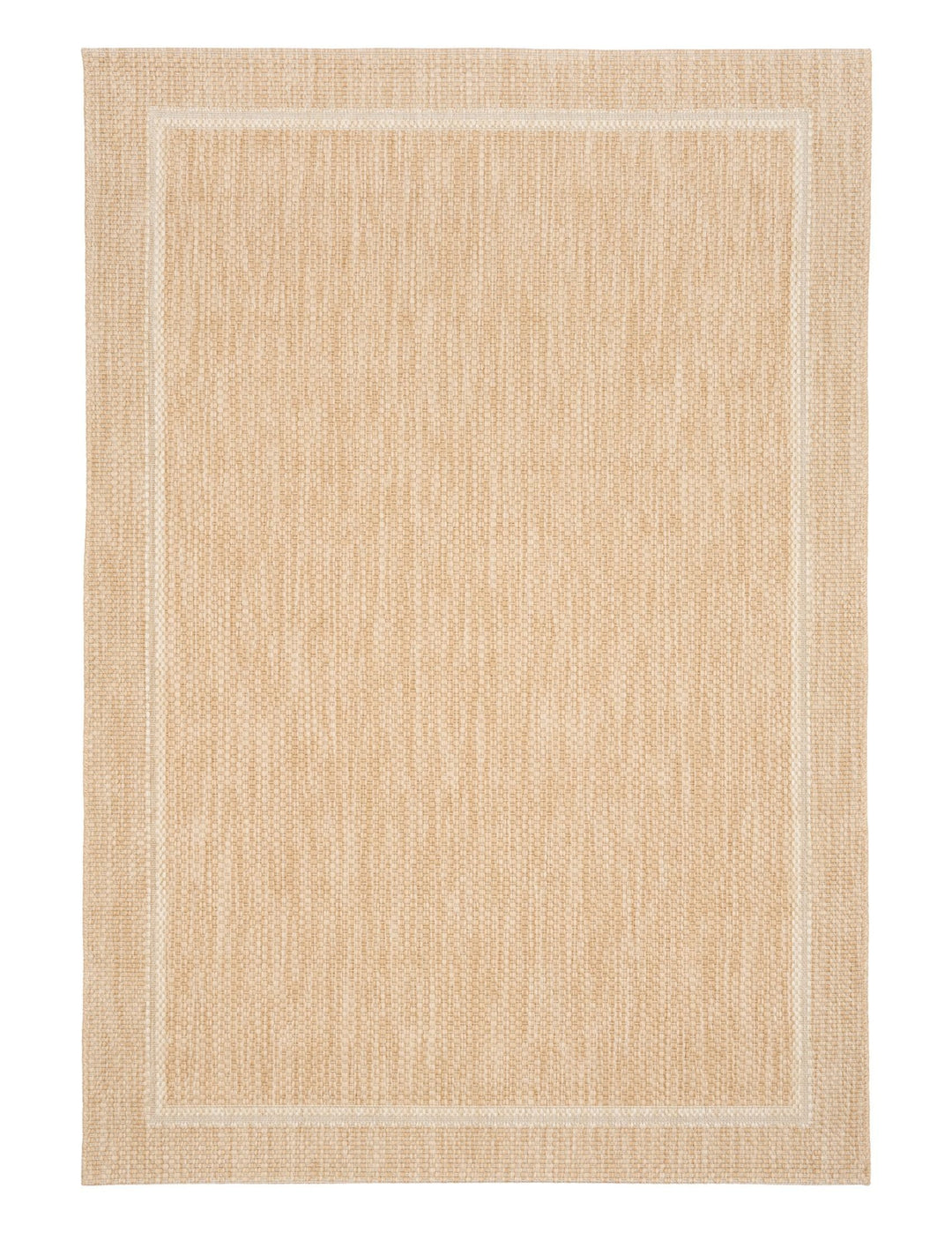 Top-down view of a rectangular beige woven area rug with a subtle two-tone flatweave and a lighter double border frame.
