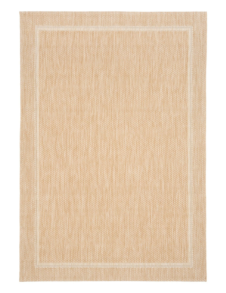 Top-down view of a rectangular beige woven area rug with a subtle two-tone flatweave and a lighter double border frame.