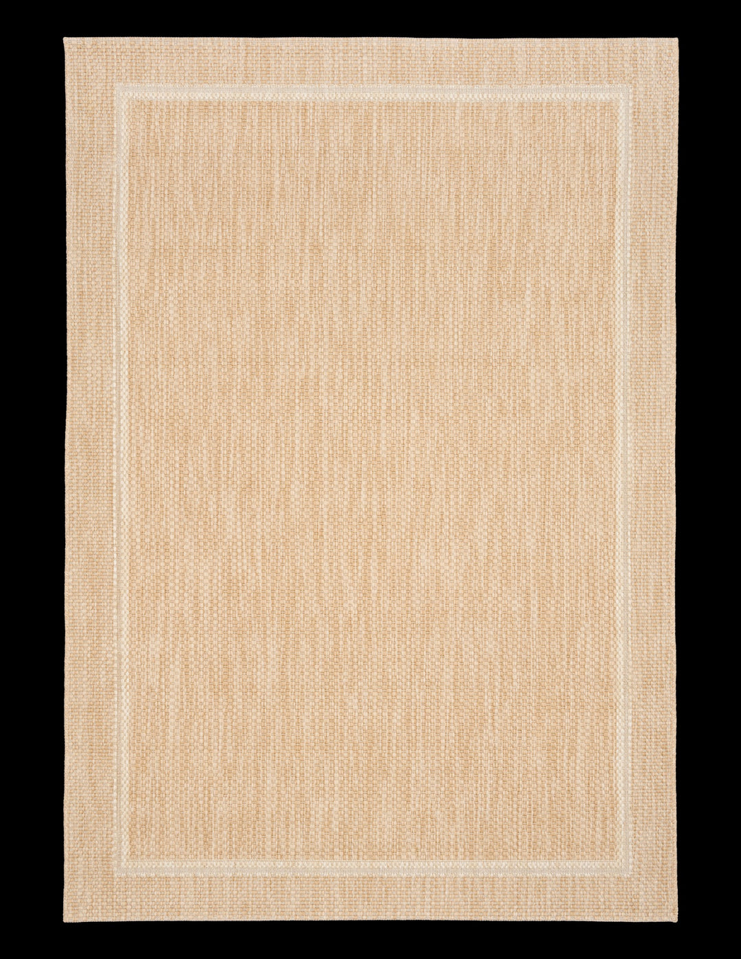 Top-down product photo of a rectangular beige/tan woven area rug with a subtle heathered texture and a lighter double border, shown on a black background.