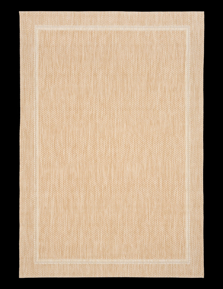 Top-down product photo of a rectangular beige/tan woven area rug with a subtle heathered texture and a lighter double border, shown on a black background.