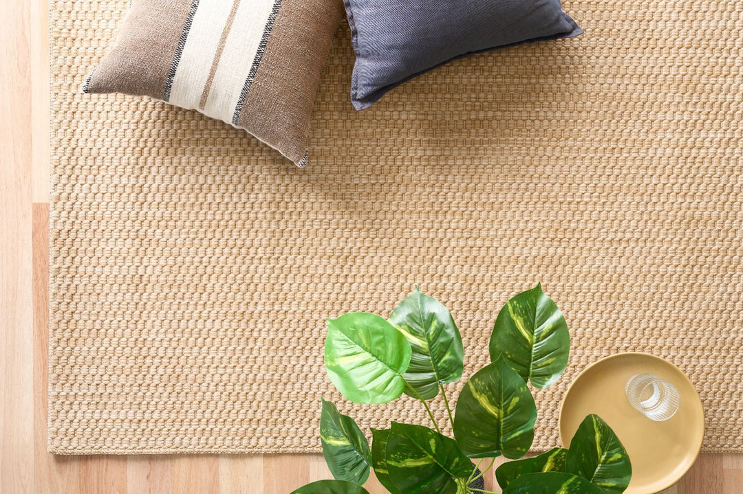 Tan woven rug (Barton 41503/70) styled in a room, top-down view with two throw pillows, a green plant, and a gold tray on a light wood floor.