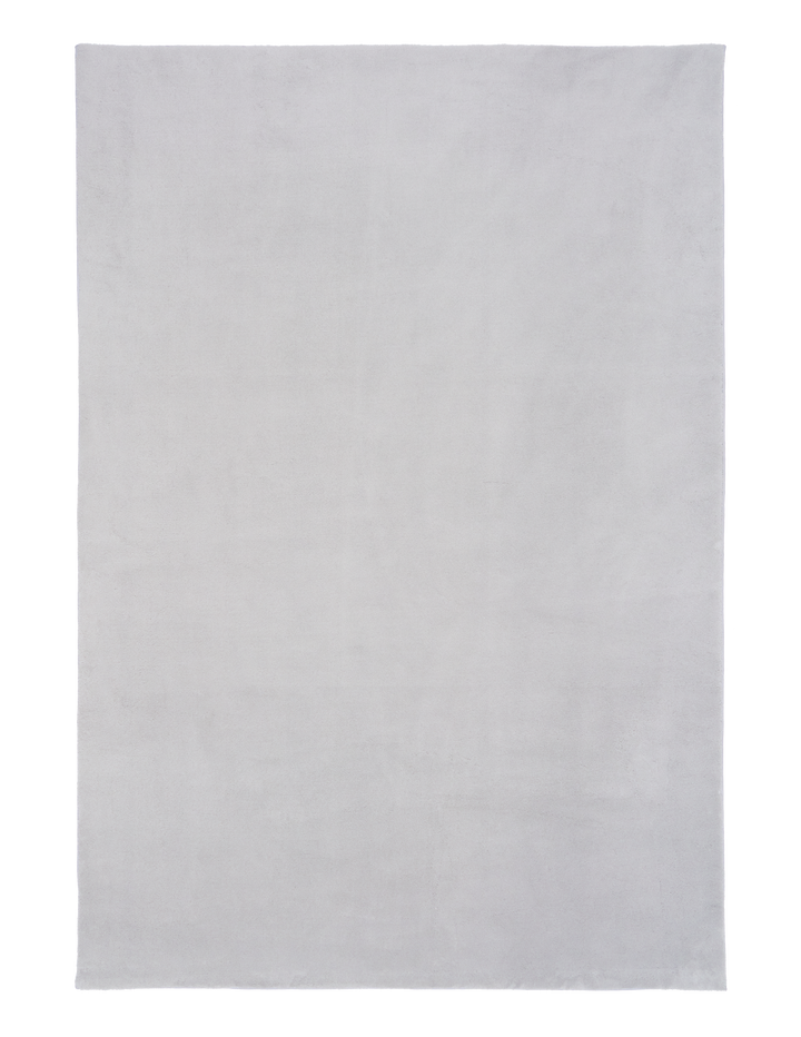 A flat light grey rug with clean edges shown in a top-down view.