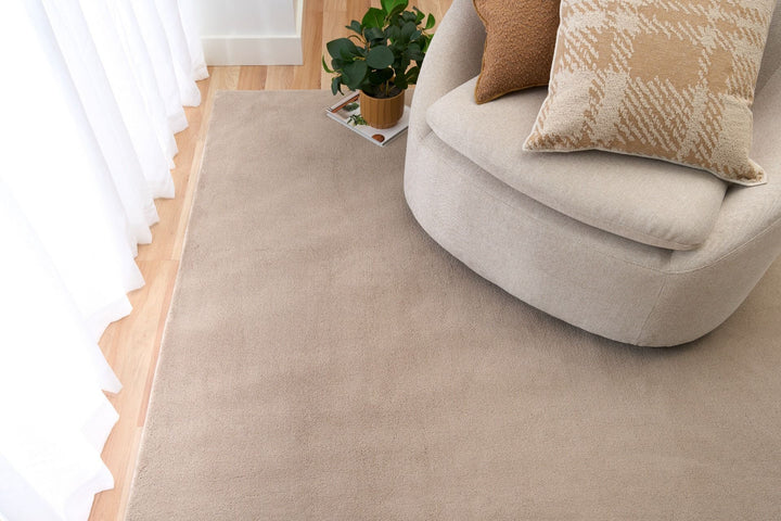 Clay rug in a modern living room with a beige chair, cushions, and a plant.
