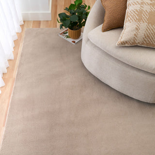 Clay rug under a beige chair with patterned cushions and a nearby plant.