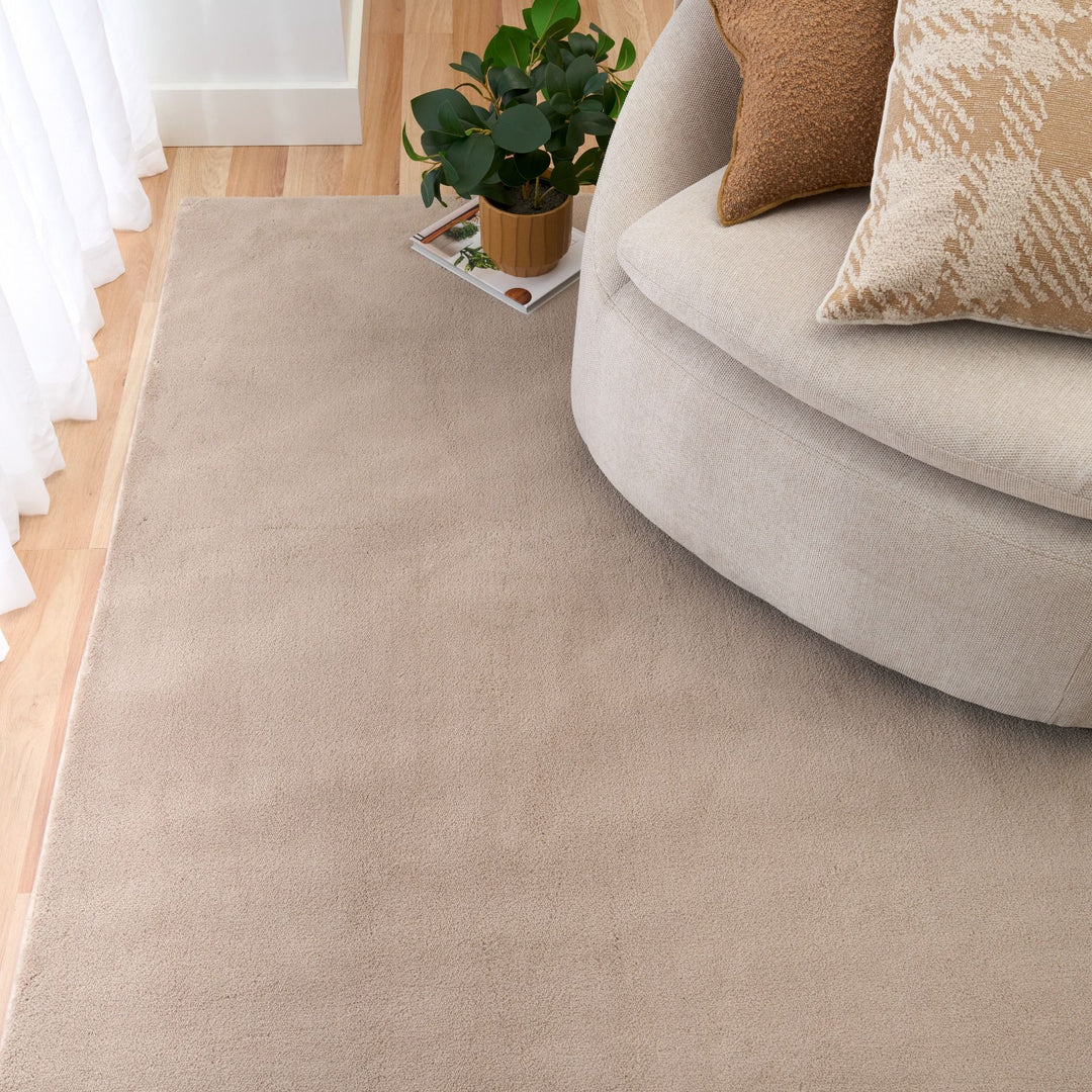 Clay rug under a beige chair with patterned cushions and a nearby plant.