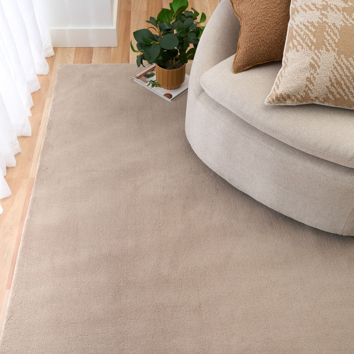 Clay rug under a beige chair with patterned cushions and a nearby plant.