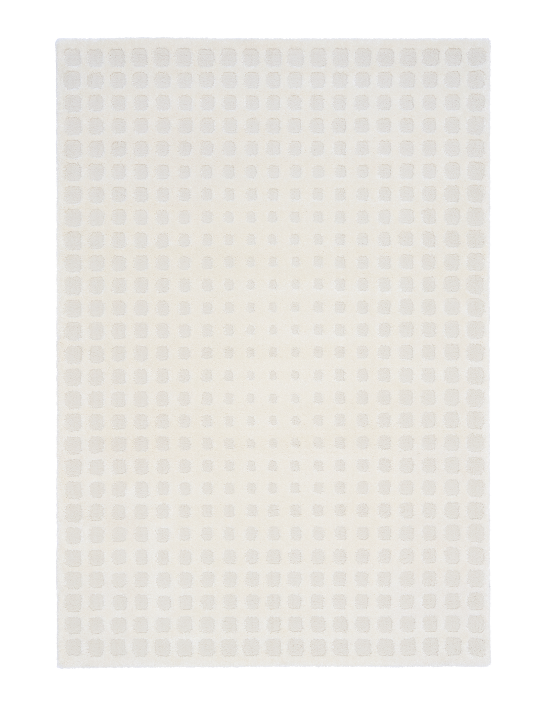A white patterned rug shown on a black background.