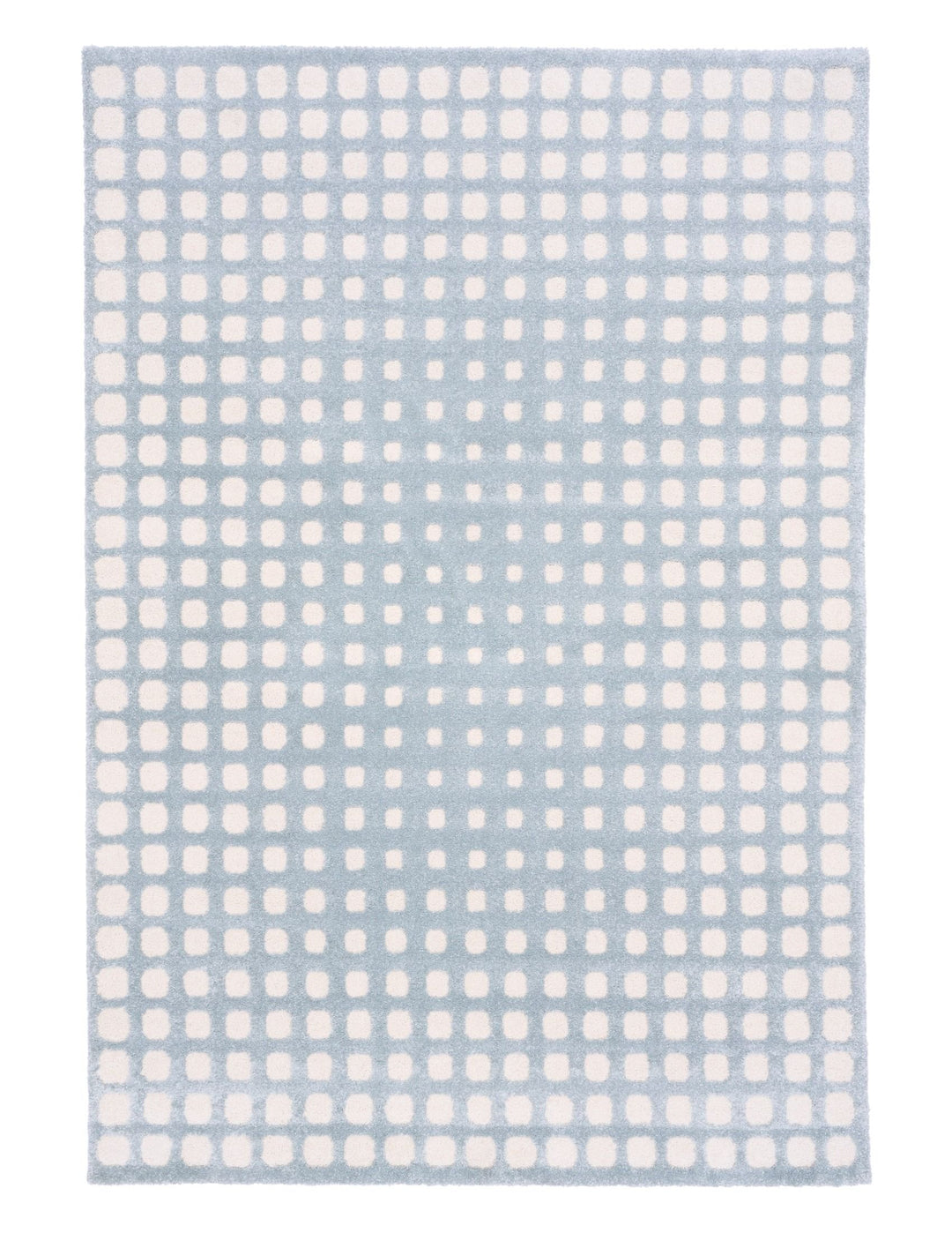 Full view of blue rug with white square design.