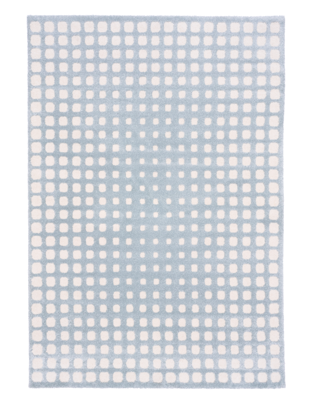 Full view of a blue rug with white square designs.