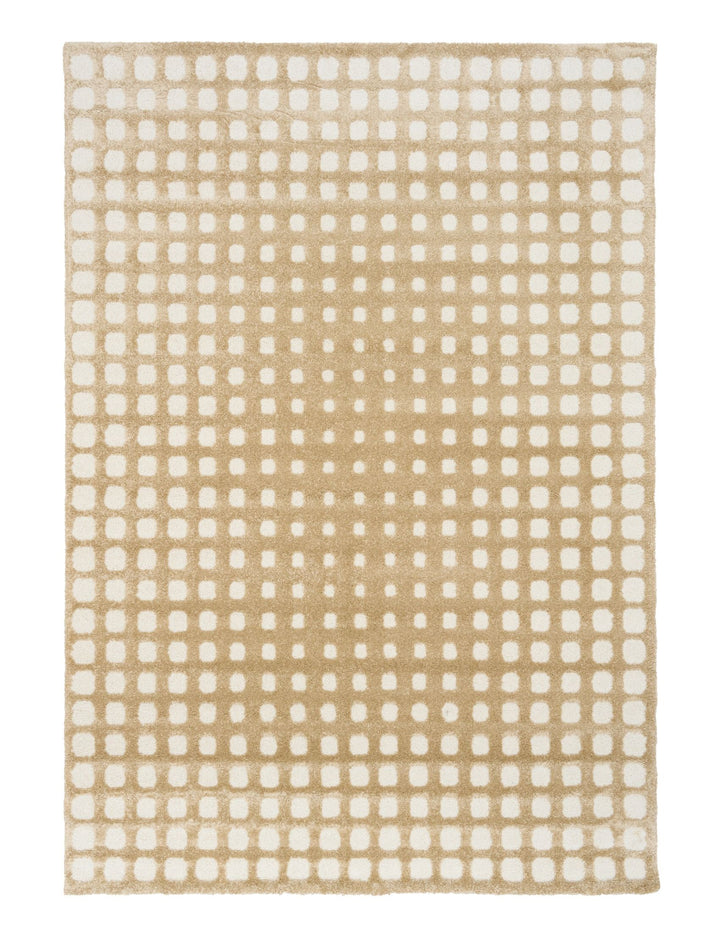 Beige and white patterned rug on display.