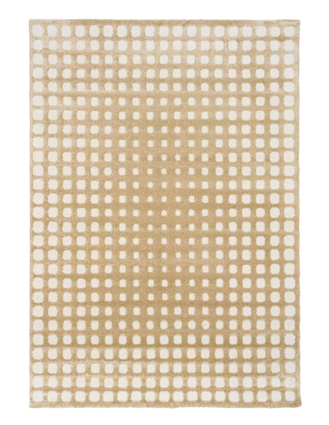 Neutral beige rug with white square accents.