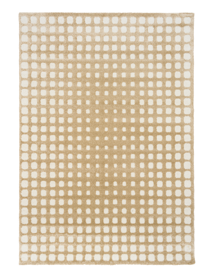 Neutral beige rug with white square accents.