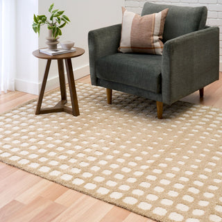 Modern beige rug with geometric square design.