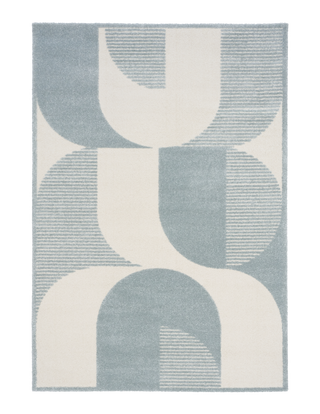 Full view of blue and cream abstract patterned rug.