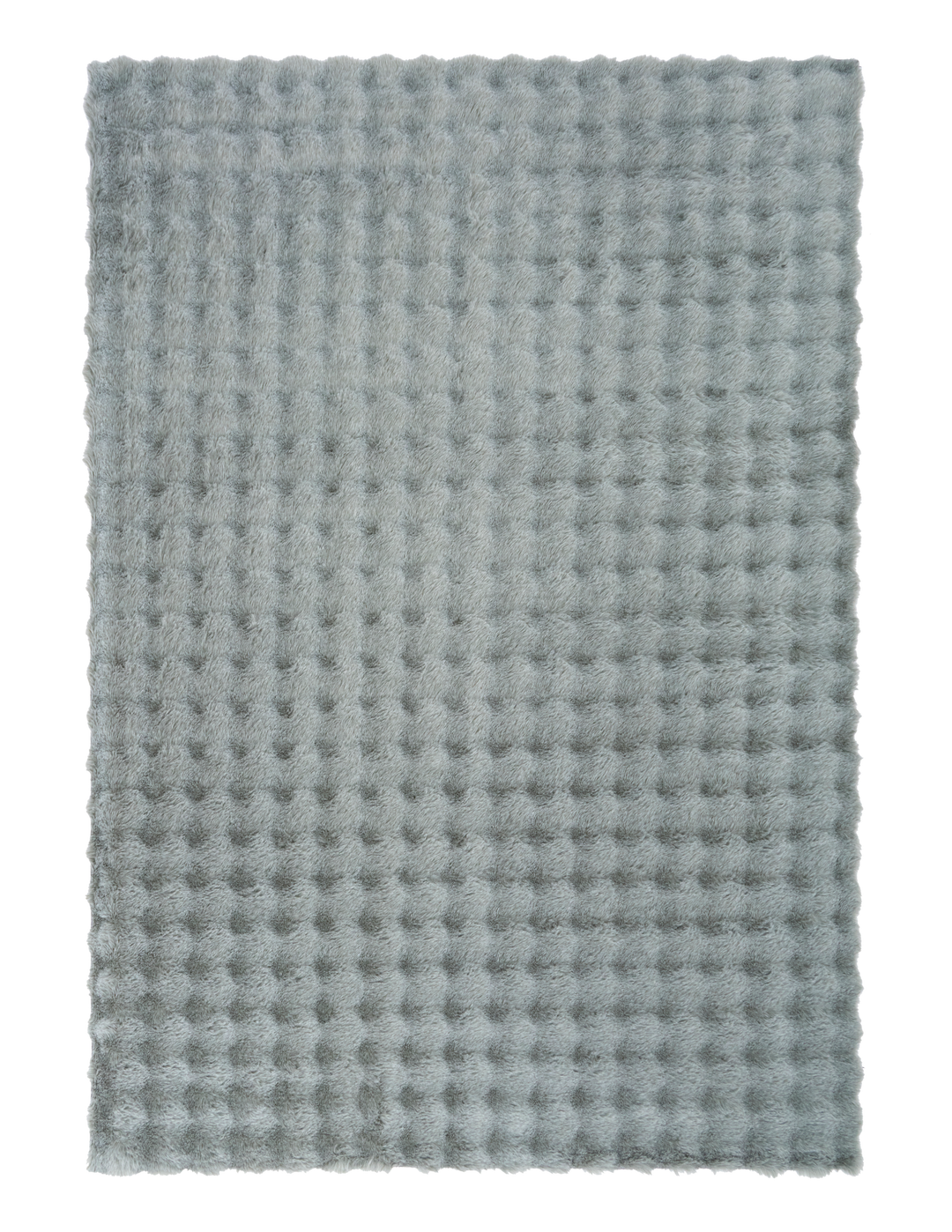 Full view of green textured fluffy rug on plain background.