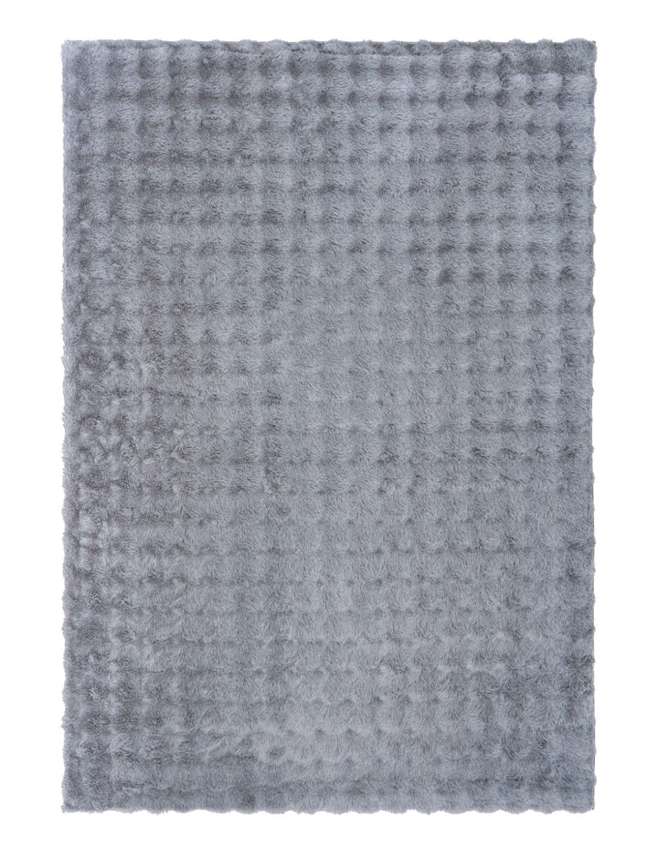 Full rectangular light grey textured fluffy rug on plain background.