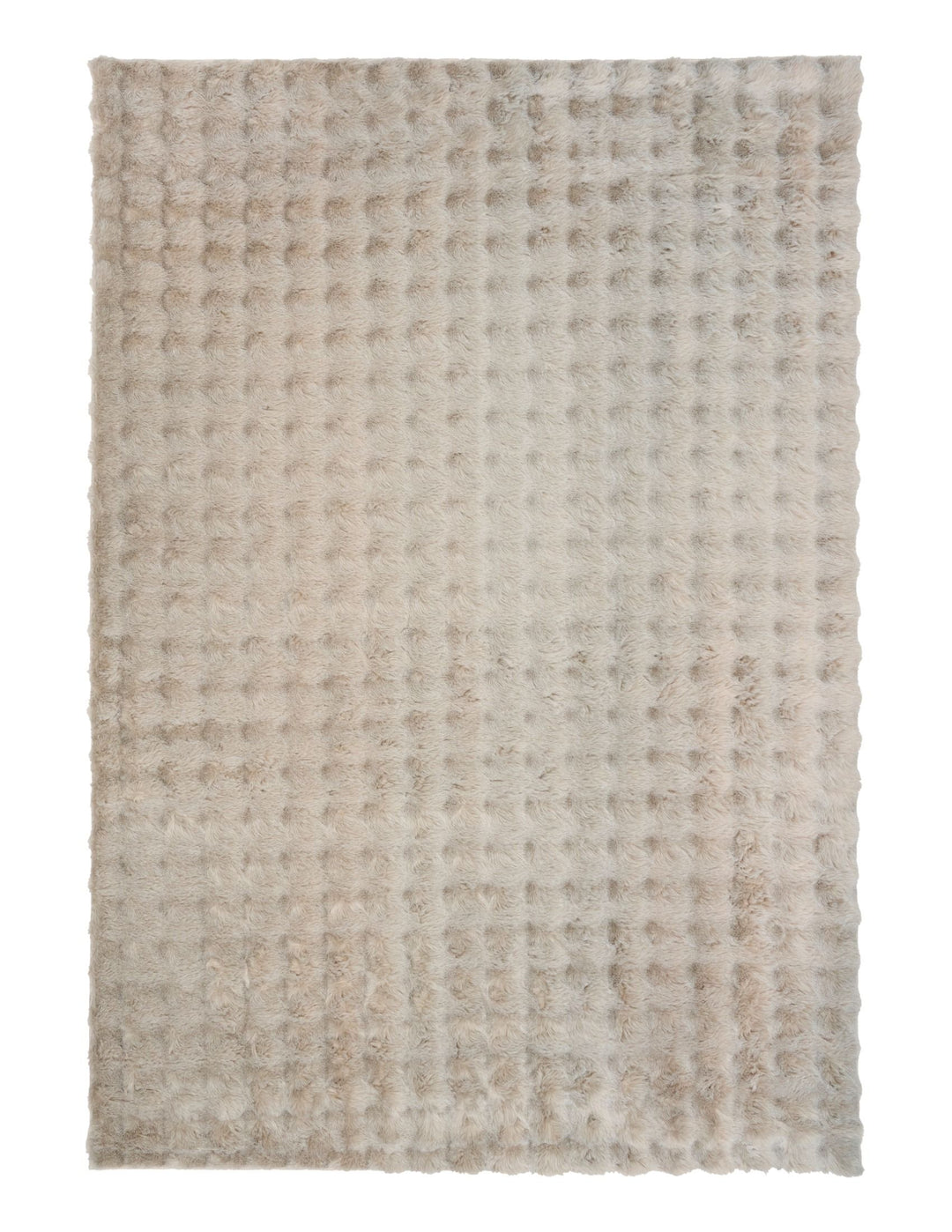 Full rectangular light beige textured fluffy rug on plain background.