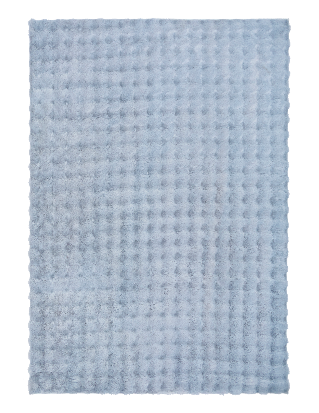 Full view of light blue textured fluffy rug on white background.