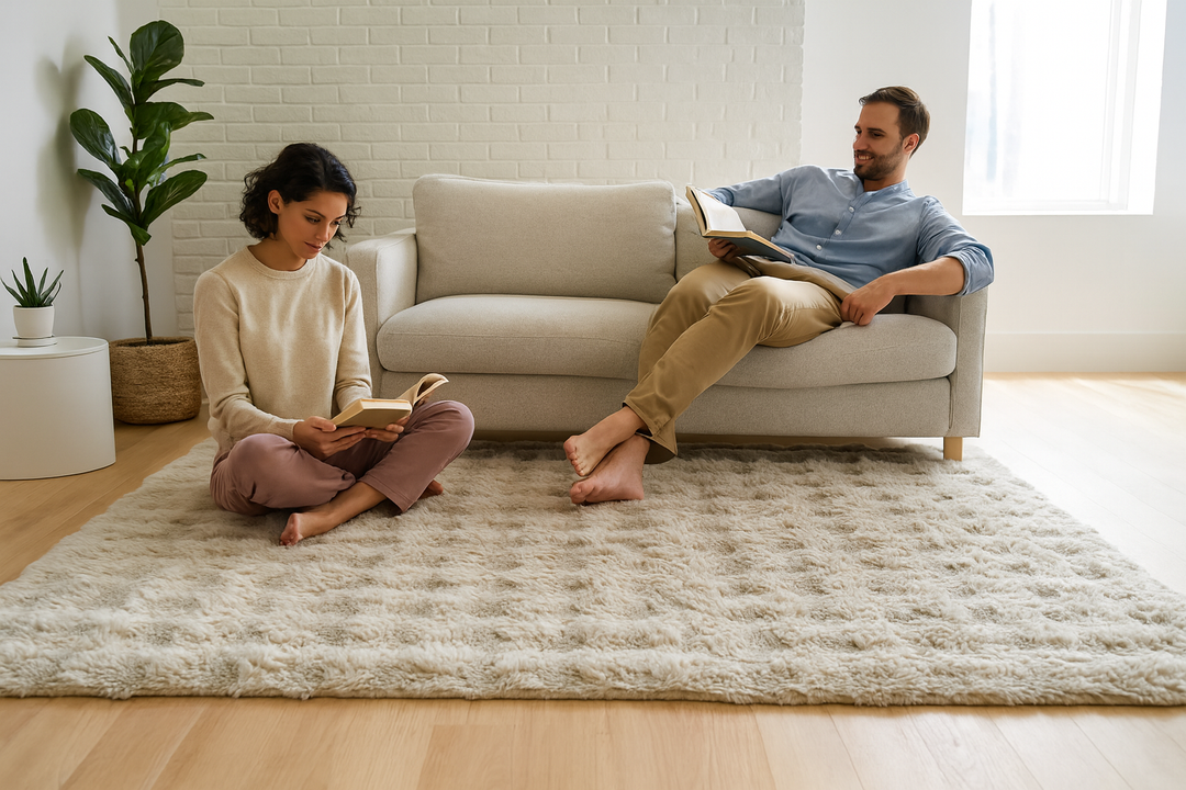 Couple reading in modern living room with light beige textured rug and neutral sofa.