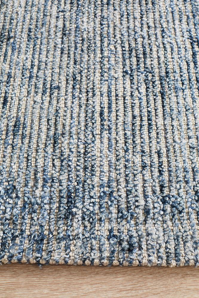 Detailed shot of Allure Indigo rug showing deep navy undertones in indigo. Deco Rugs, south morang
