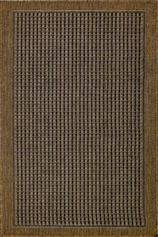 A black flatweave outdoor rug with a geometric pattern, featuring a non-slip rubber backing.